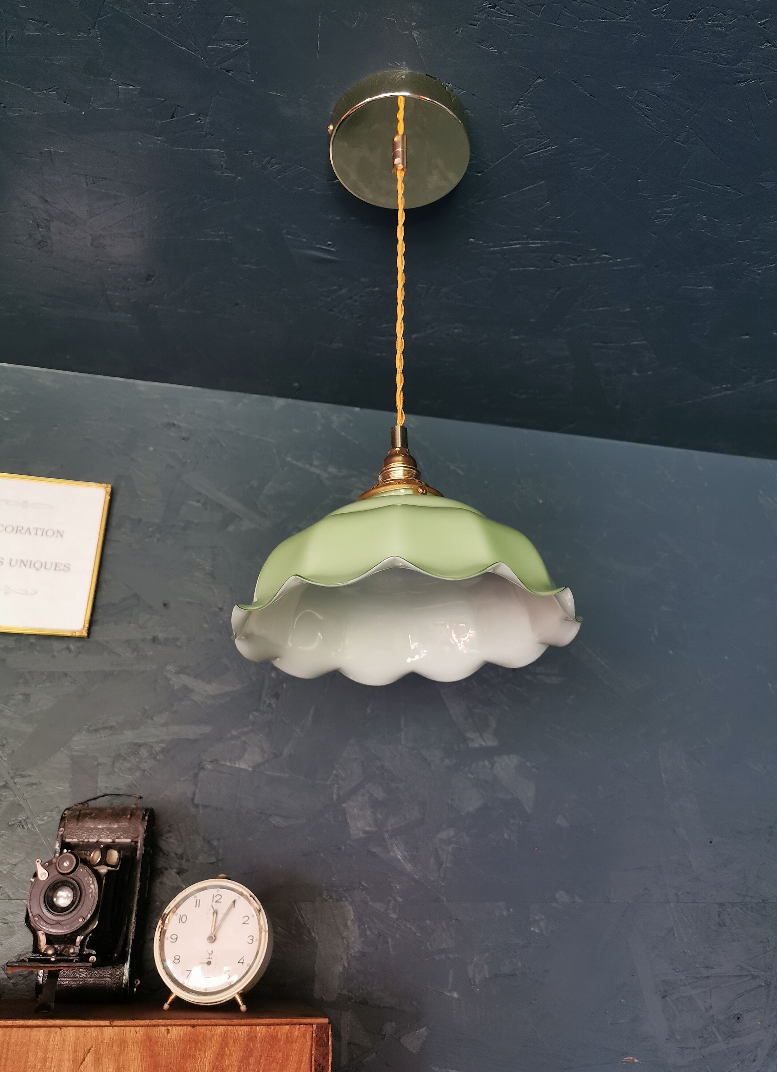 Lamp suspension vintage 70s opaline golden metal "La belle Verte"