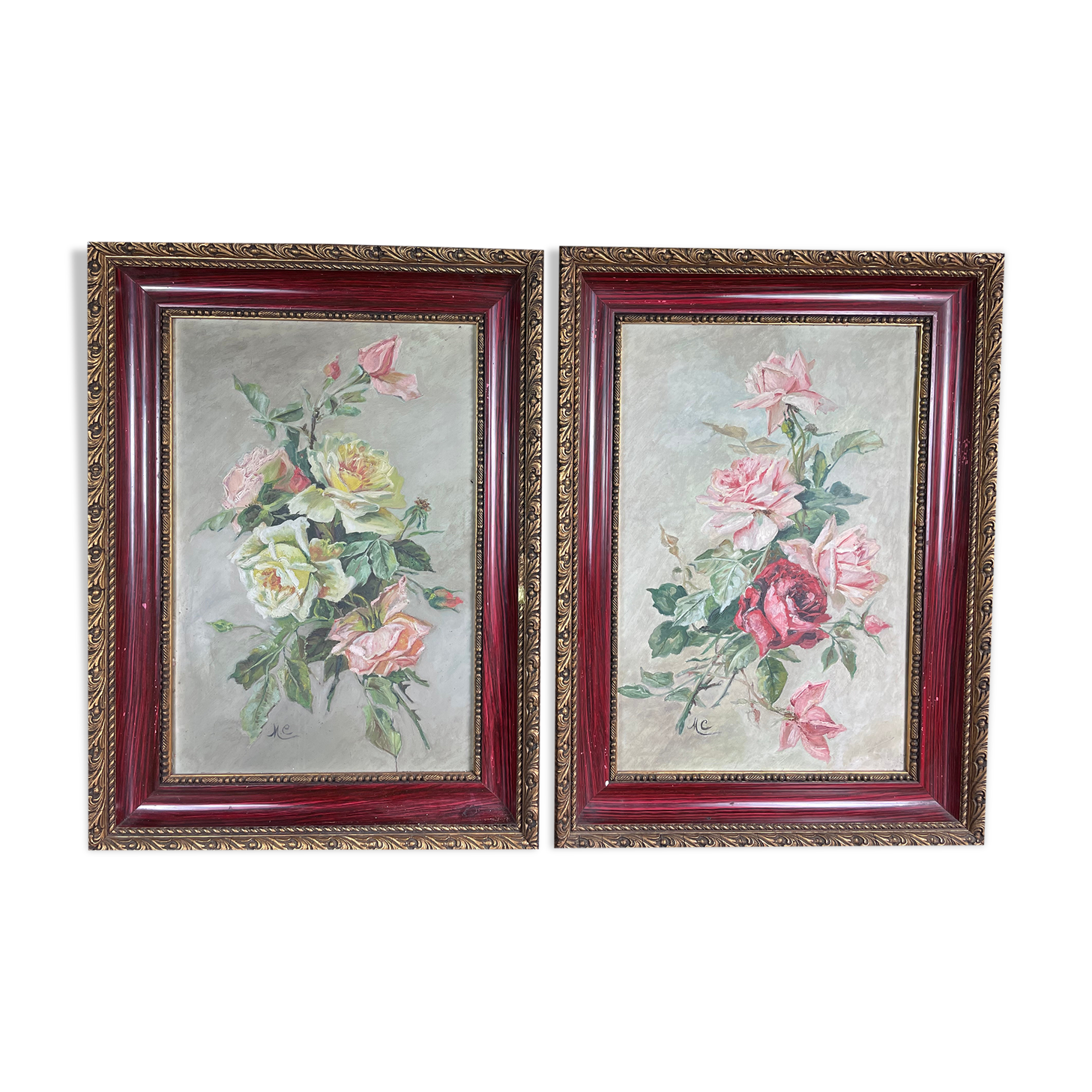 Pair of oil on canvas "Bouquets of roses"