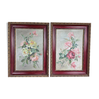 Pair of oil on canvas "Bouquets of roses"