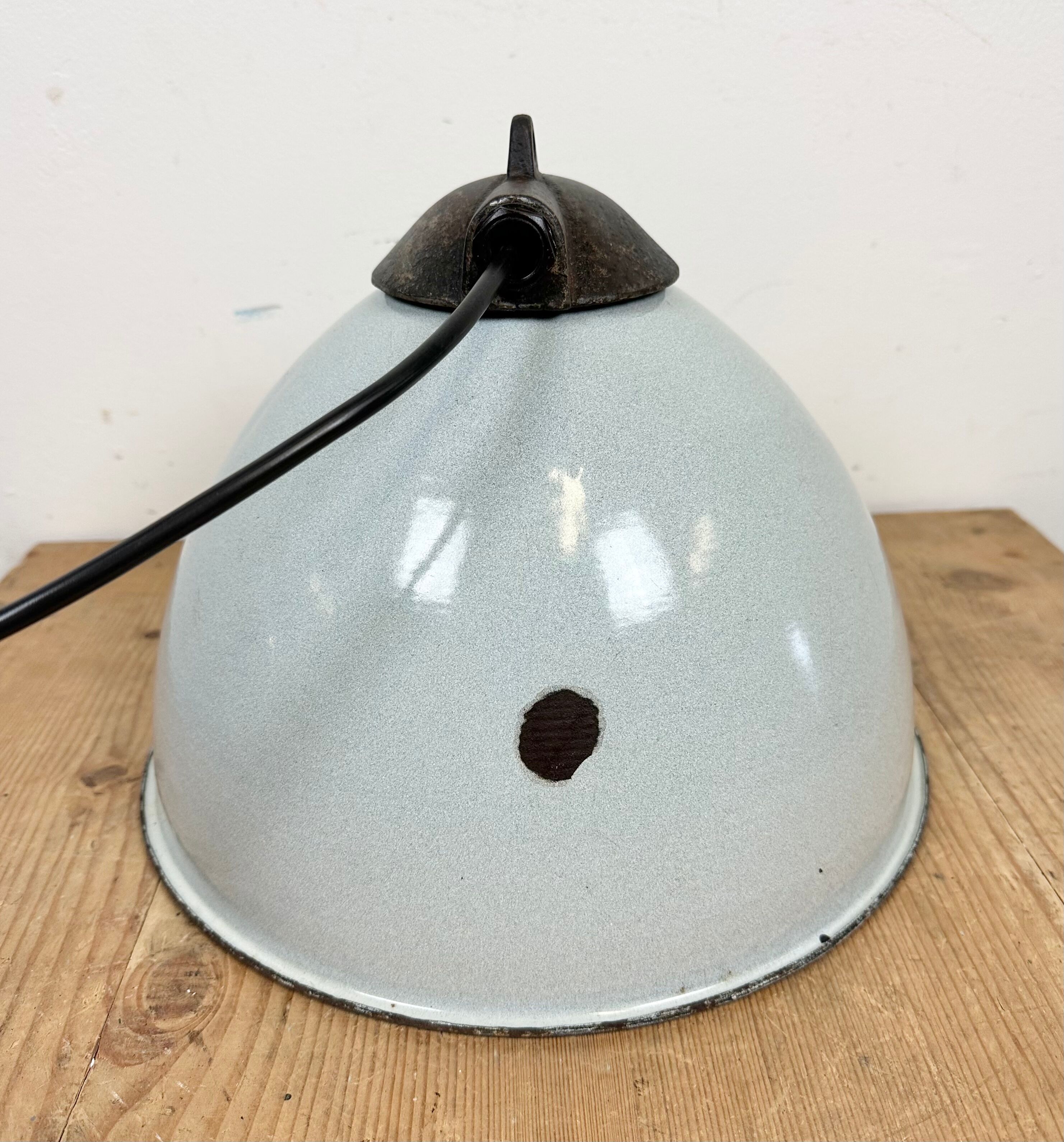Industrial grey enamel factory lamp with cast iron top, 1960s