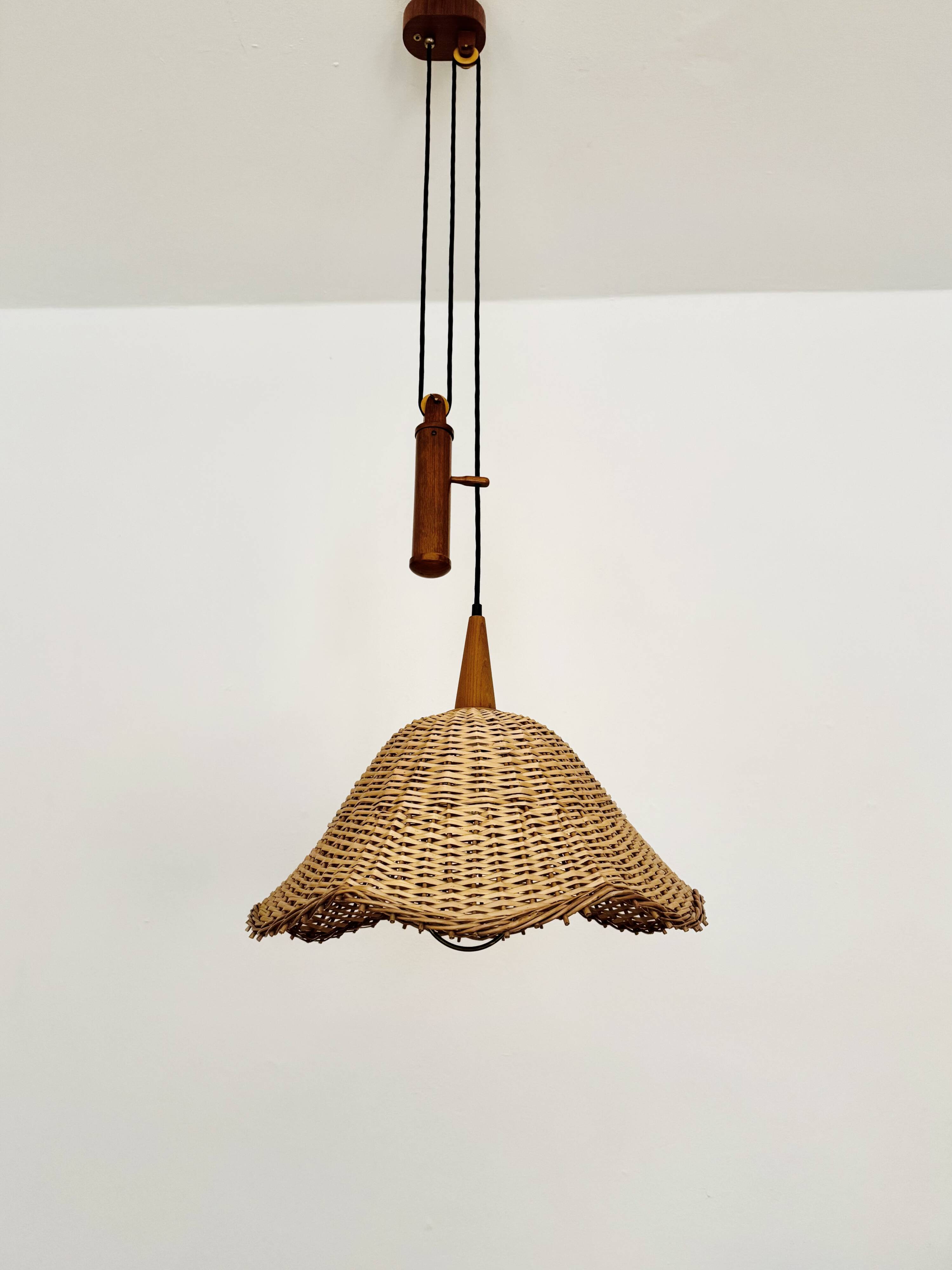 Adjustable Wicker and Teak Pendant Lamp