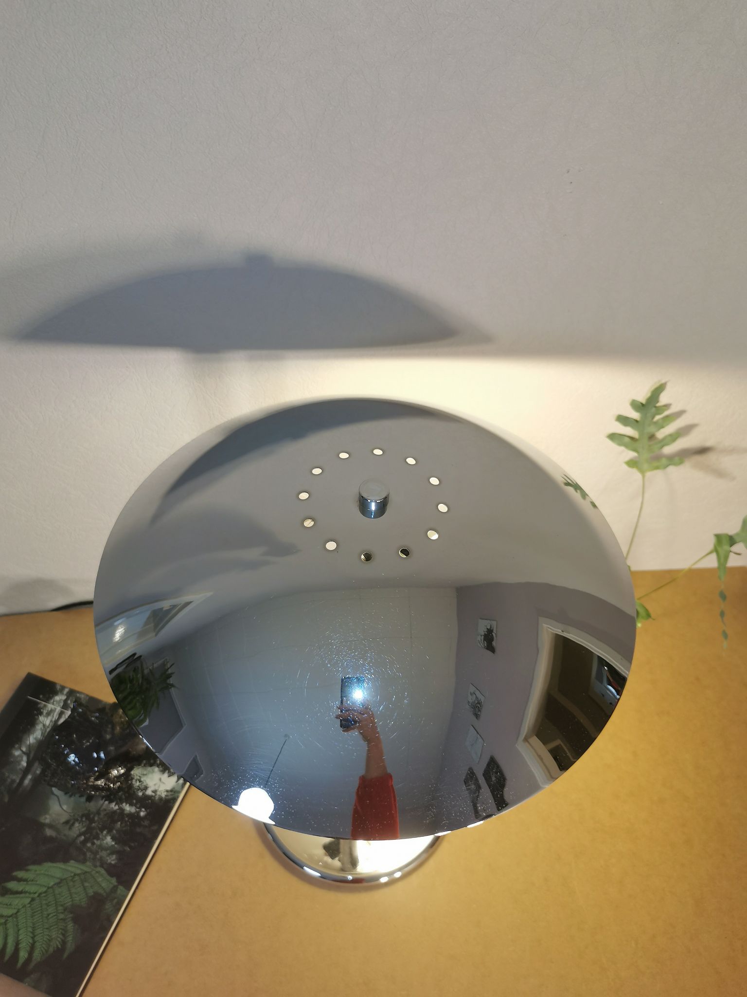 Mushroom lamp, chrome metal saucer, Aluminor, France, 1970