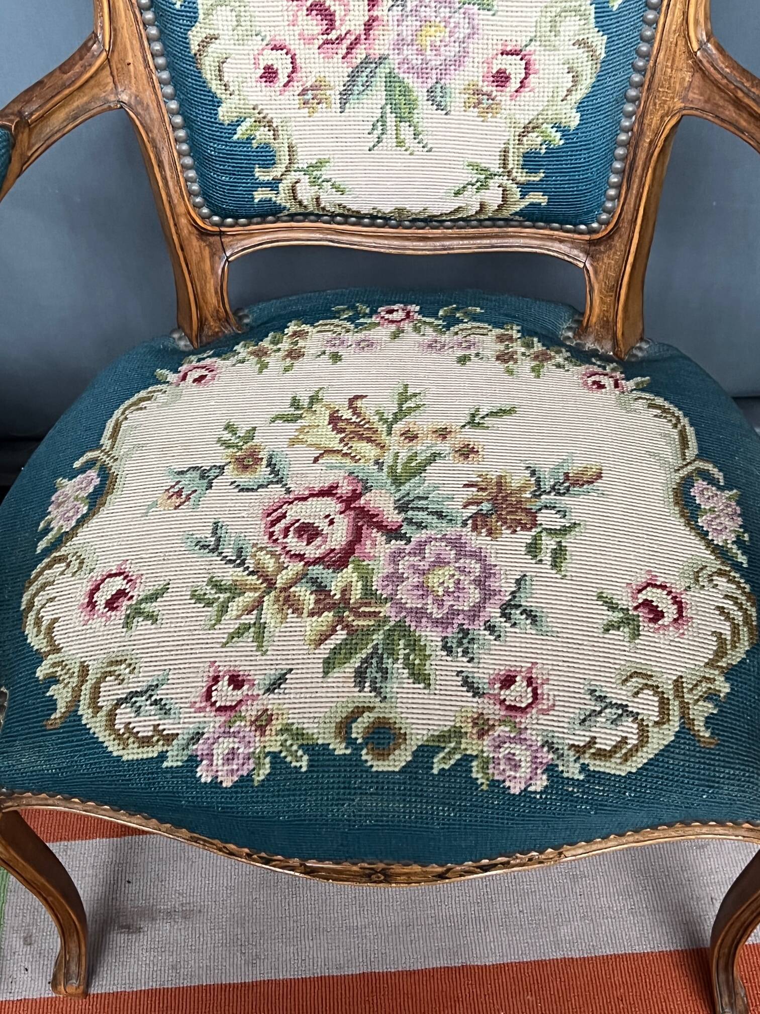 Pair of hand-embroidered armchairs. Walnut.