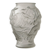 Vintage Art Deco vase in frosted pressed glass from the 1930s by Josef Inwald, Czech, with swallow relief.