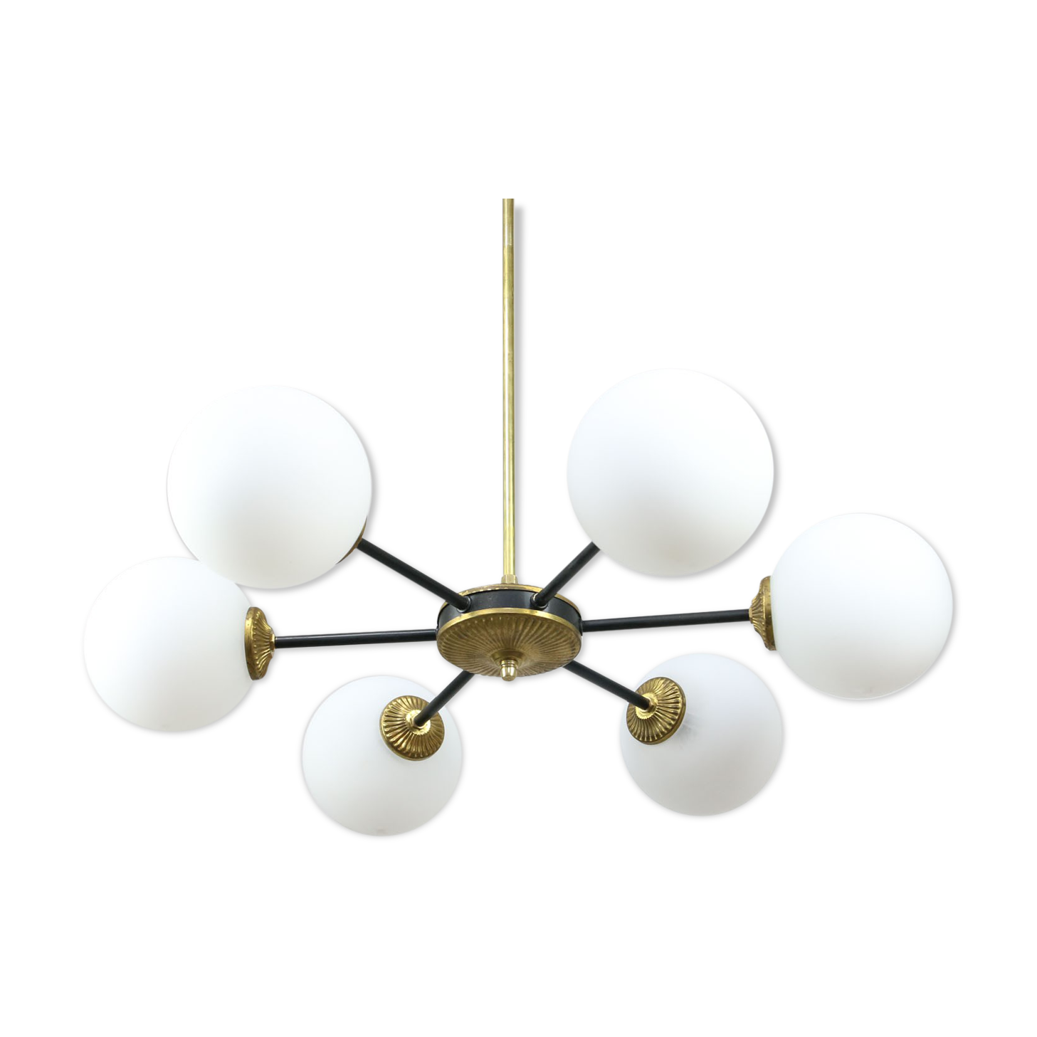 Mid-century sputnik brass and opaline glass chandelier