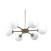 Lustre en laiton spoutnik et verre opalin du milieu du siècle