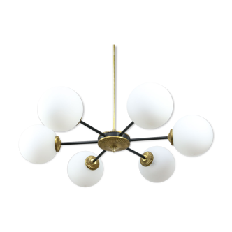 Mid-century sputnik brass and opaline glass chandelier