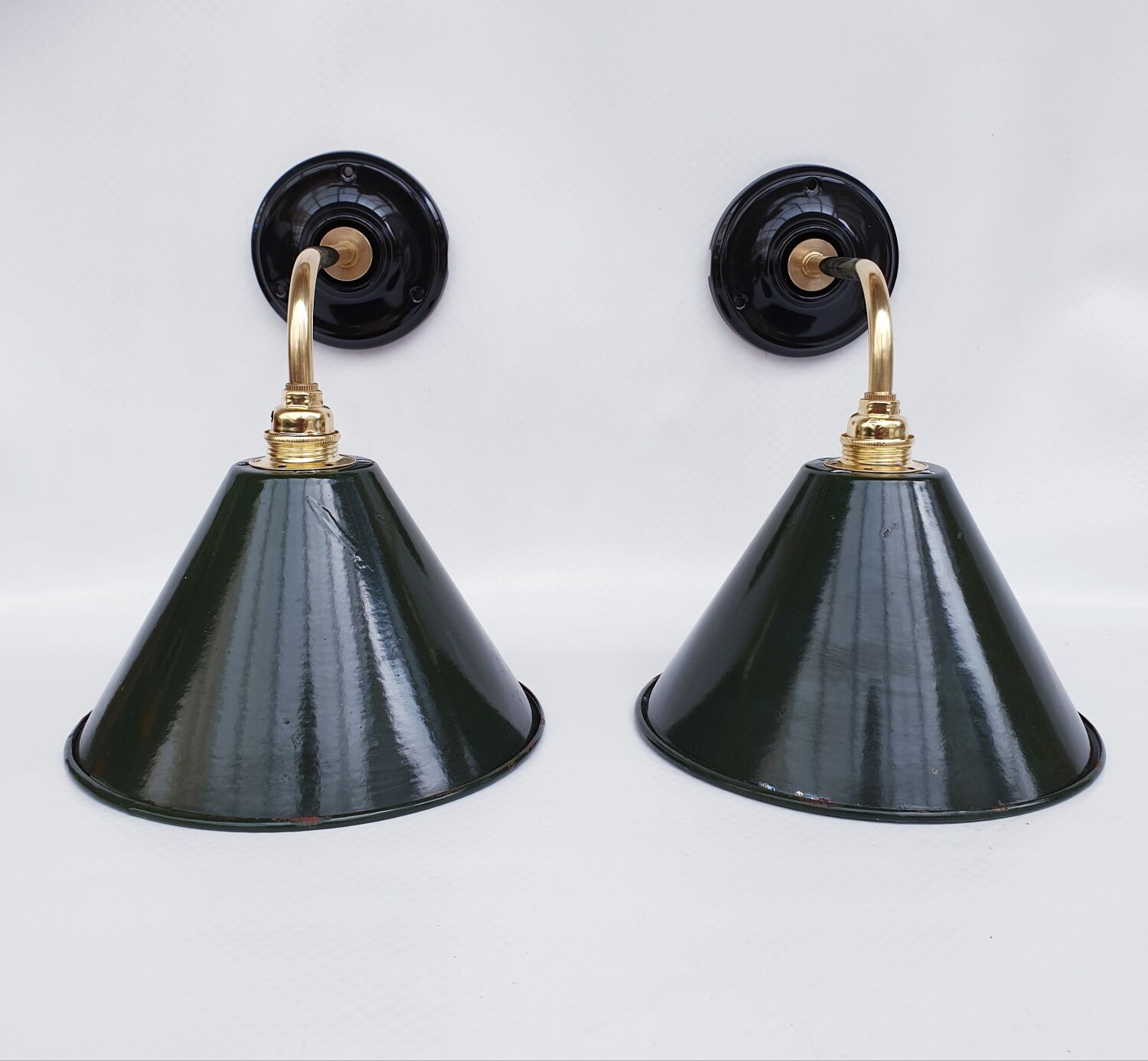 Pair of antique enamelled sheet metal wall lights