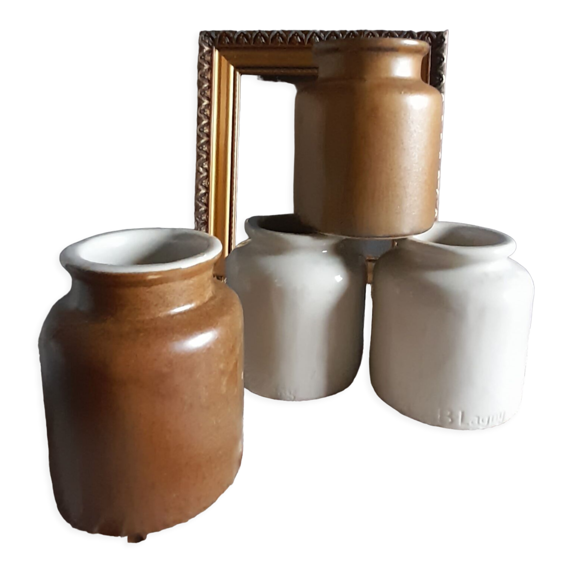 4 old stoneware mustard pots, lab Lagny, vintage France circa 1950/1960