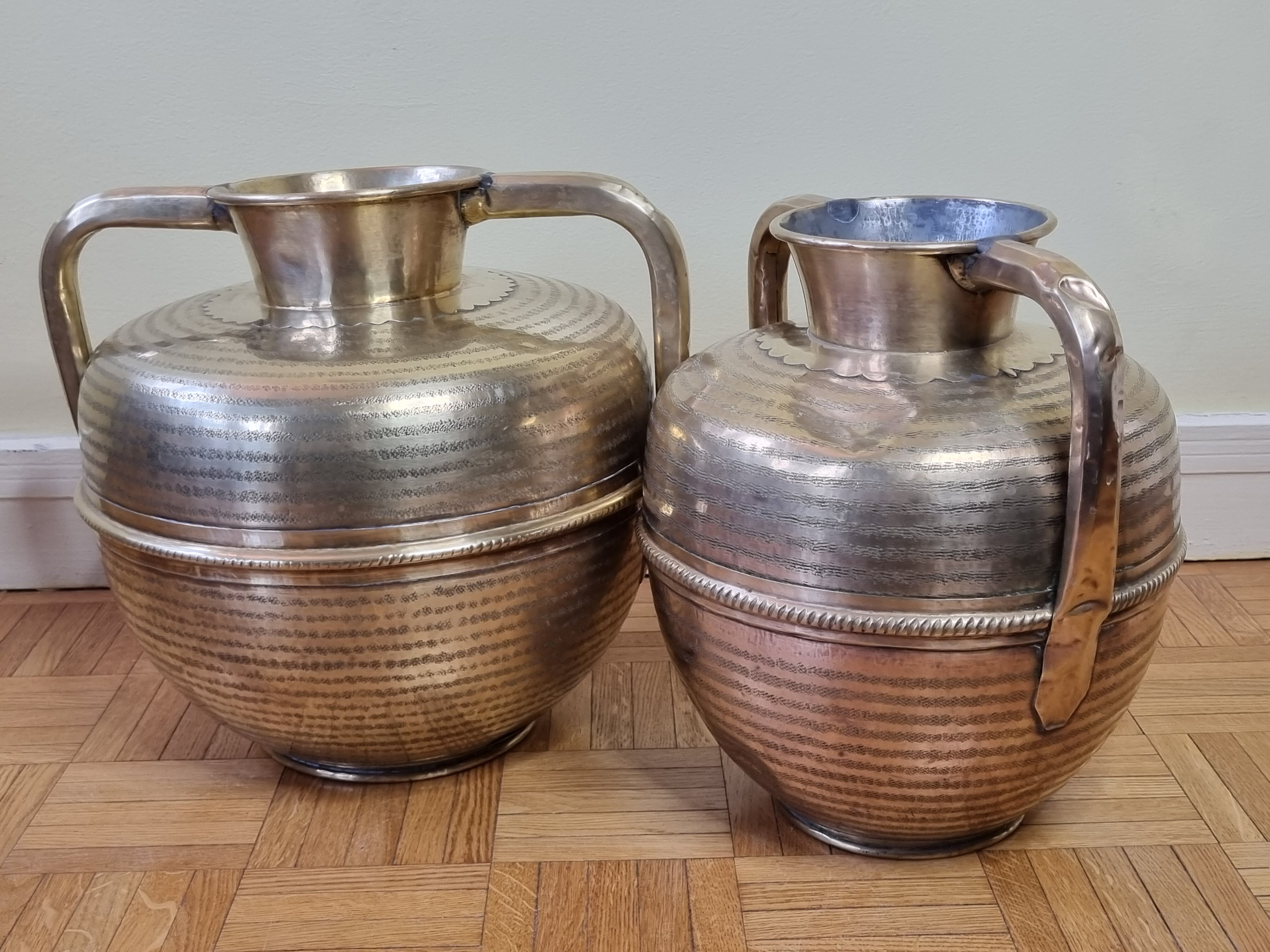 Pair of brass jars with double handles, Moroccan craftsmanship