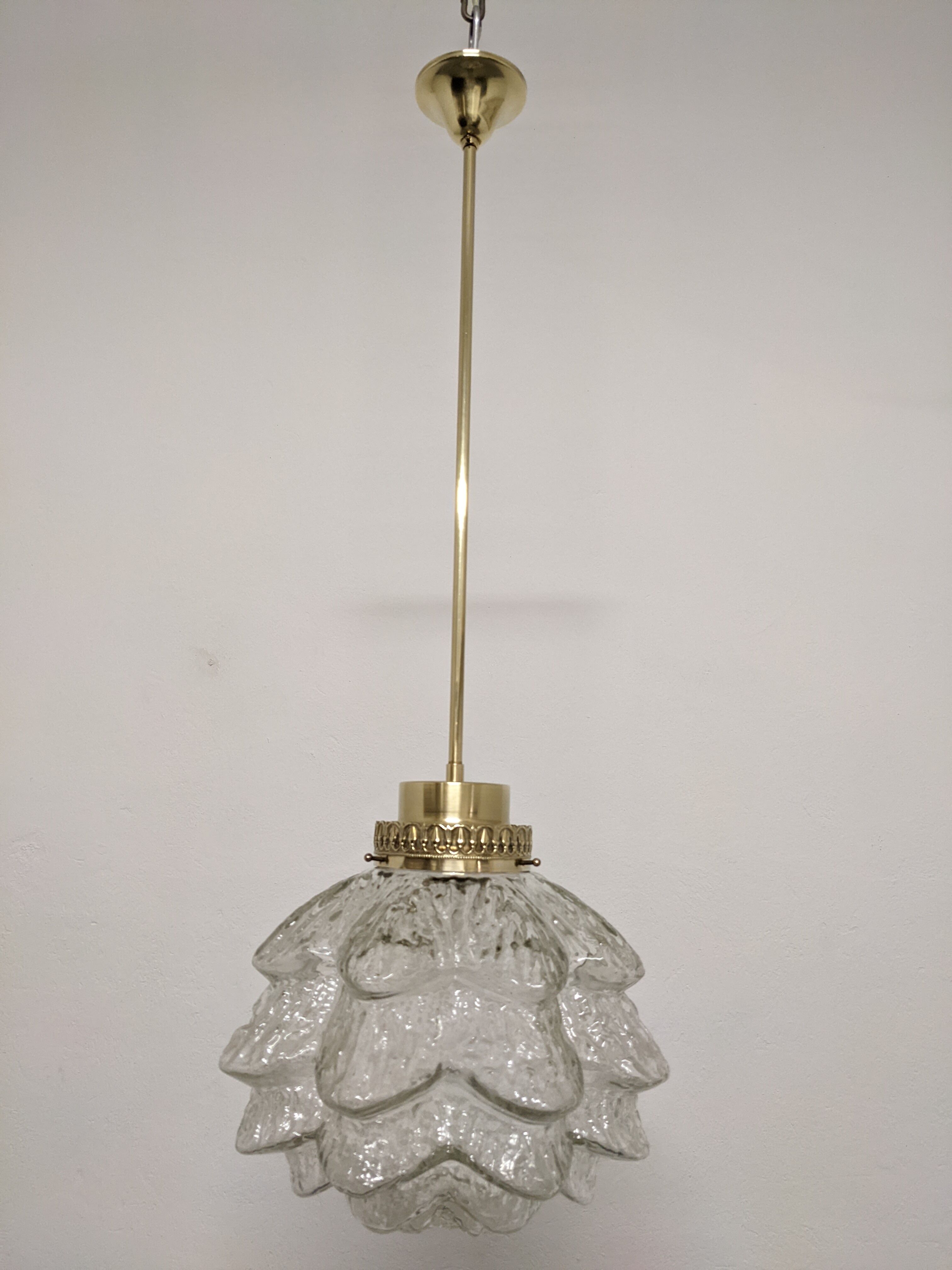 Glass and brass flower pendant lamp in art deco style
