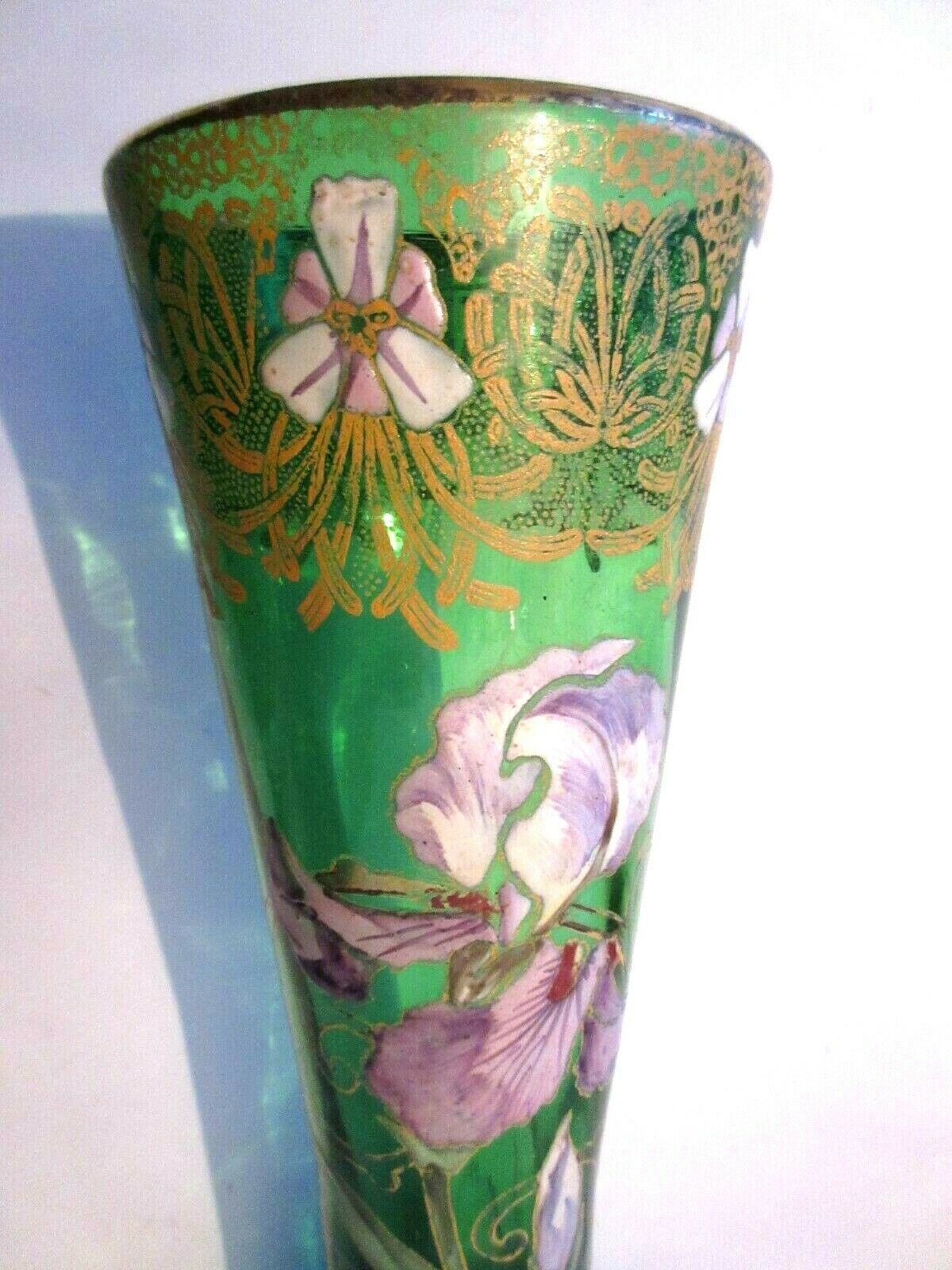 Vase "Spring" Art Nouveau enamelled glass Legras with purple iris and gold lace