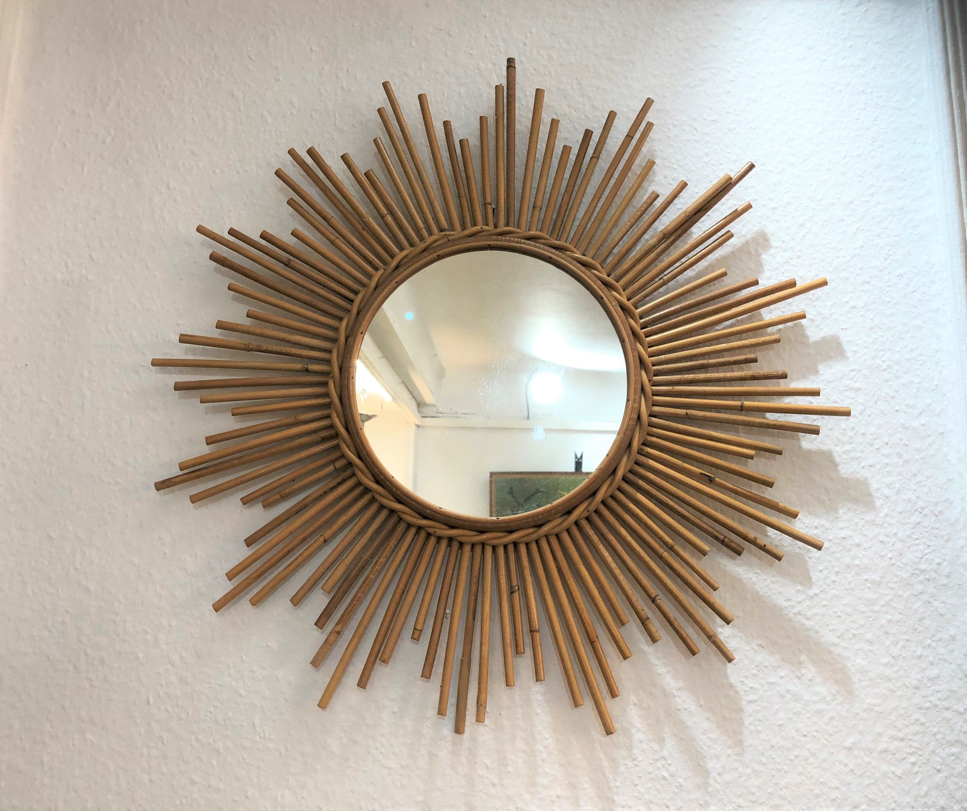 Old mirror soleil vintage in braided rattan 60