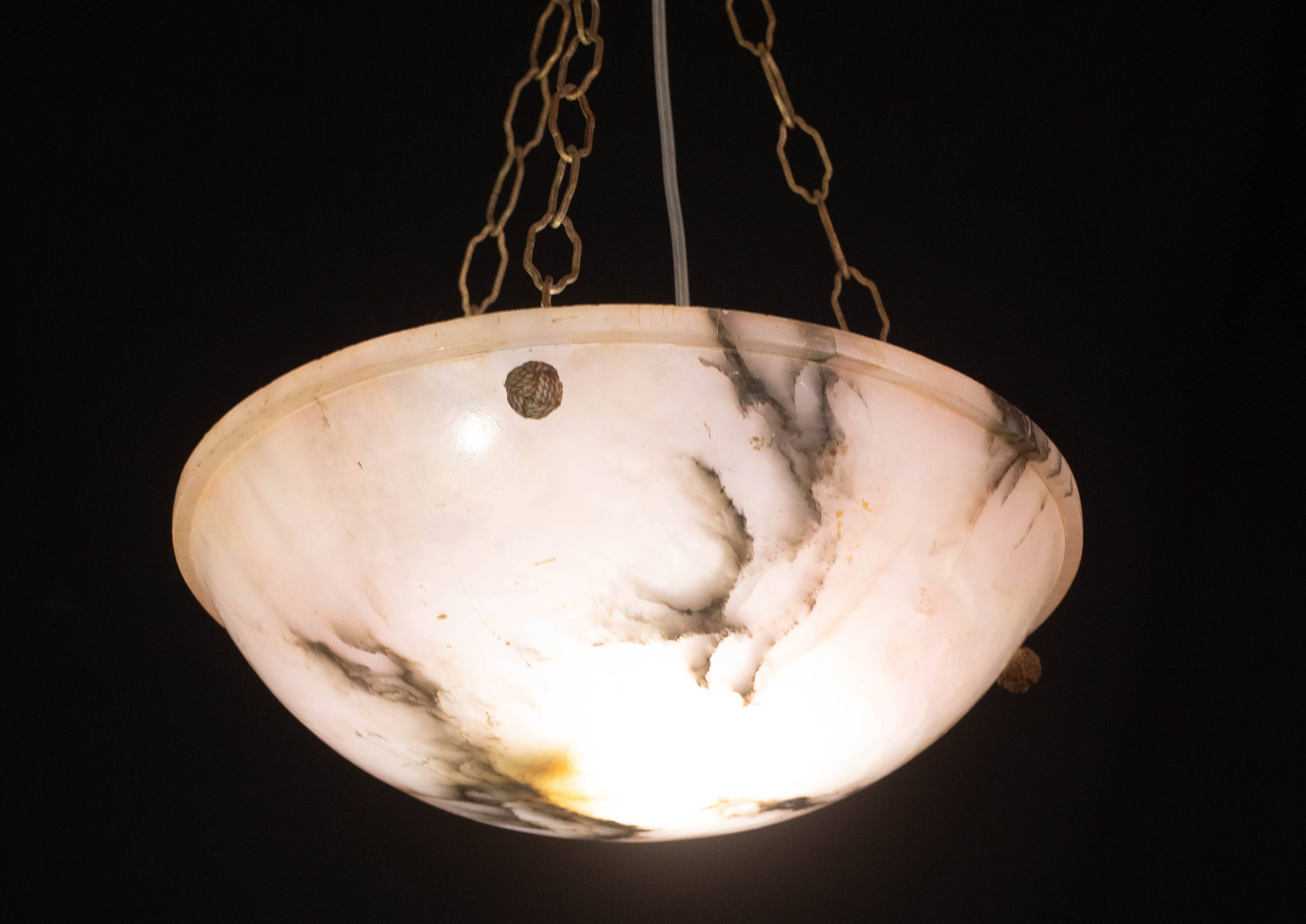 Art Decò Albaster white and pink chandelier, 1950s