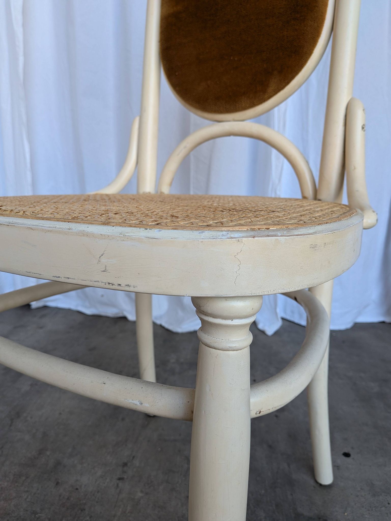 Vintage Thonet Bentwood Dining Chair: Cane Seat, Yellow Fabric Back