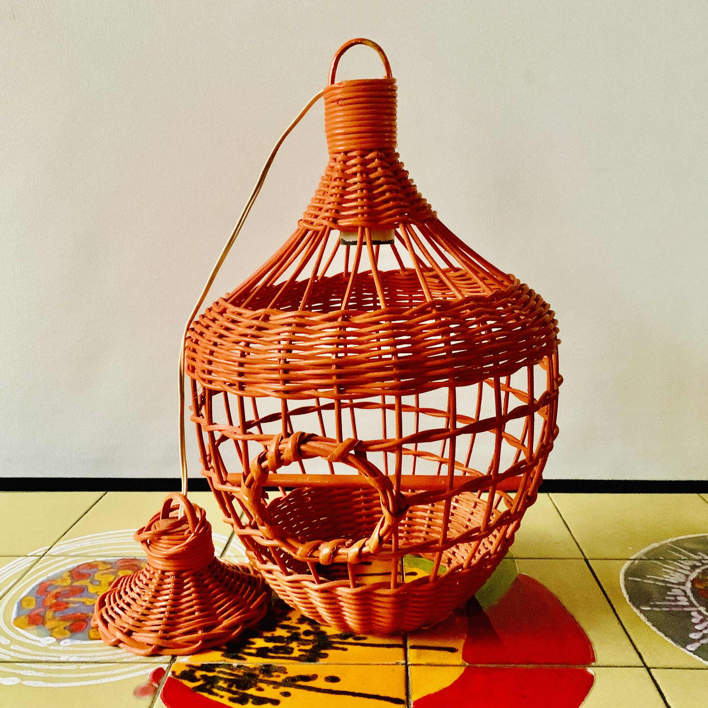 Vintage orange wicker pendant light - bird cage