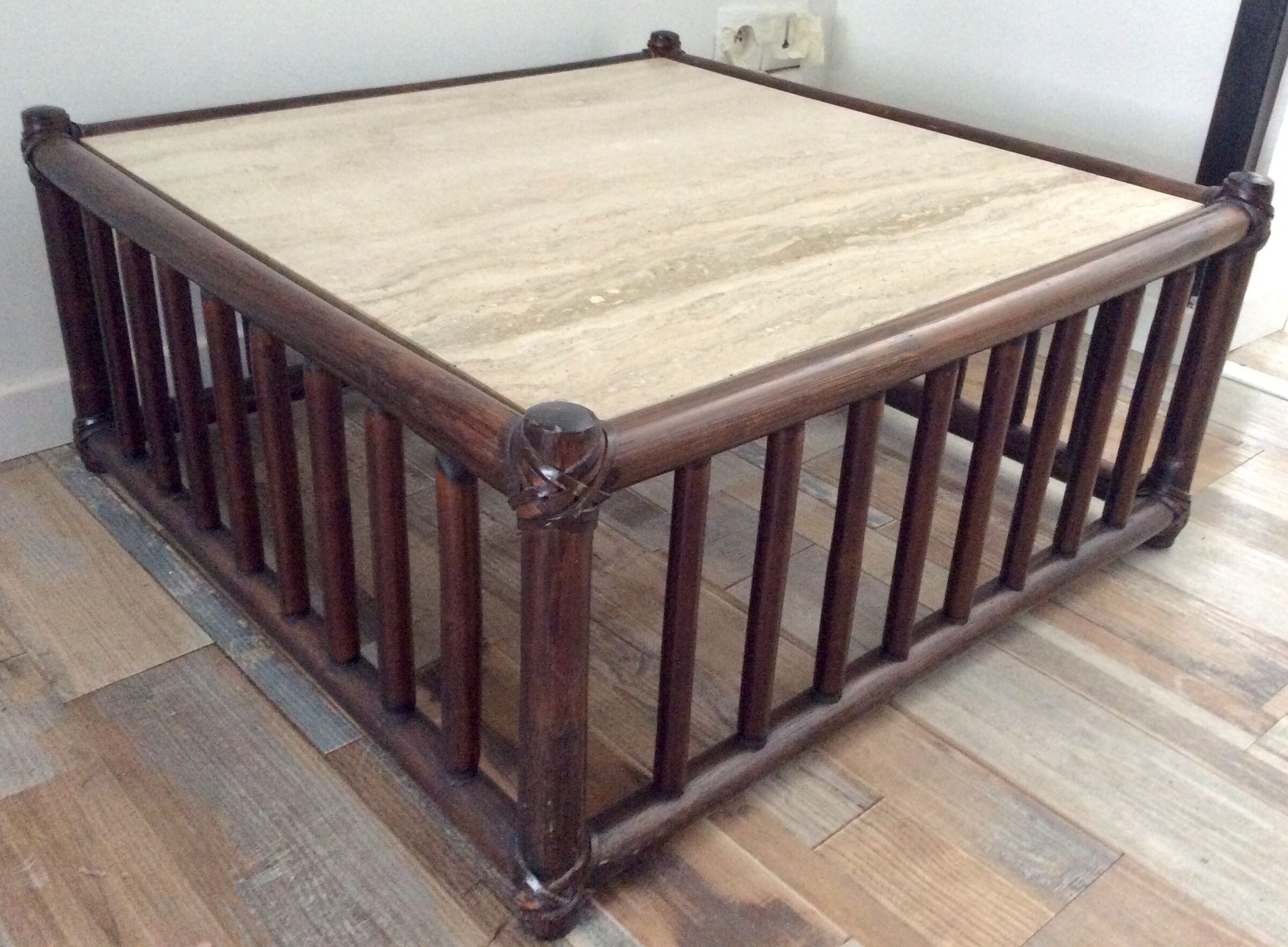 Vintage 1970 bamboo and travertine coffee table