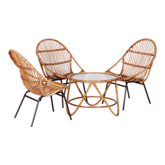 Art Deco Rattan Seating Set Designed by Alna Fuchs, Chairs and Table, Czechia, 1940s