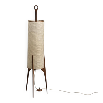 "Rocket" floor lamp in wood, brass, and fibres, circa 1960.