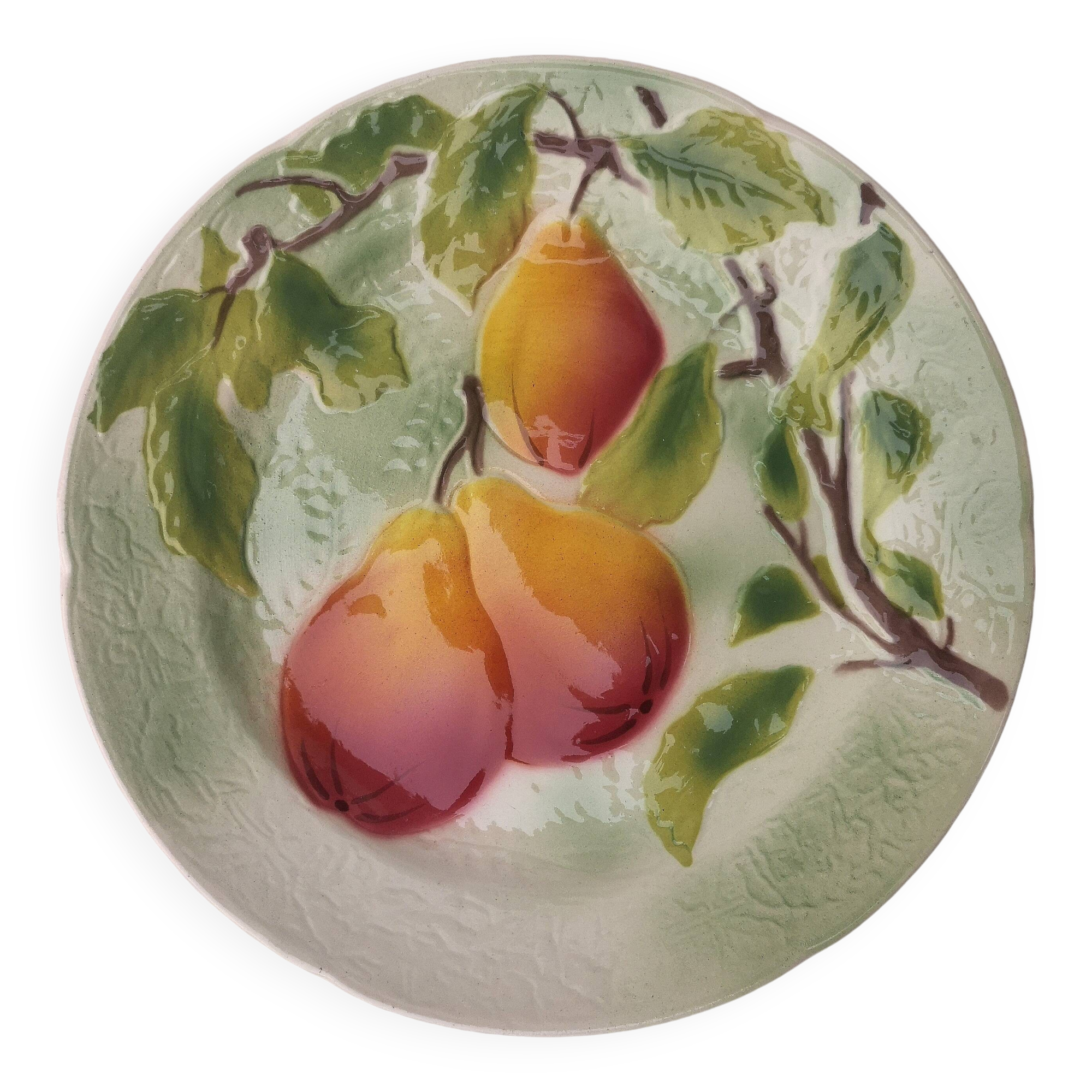 Old dessert plate in barbotine, St Clément factory