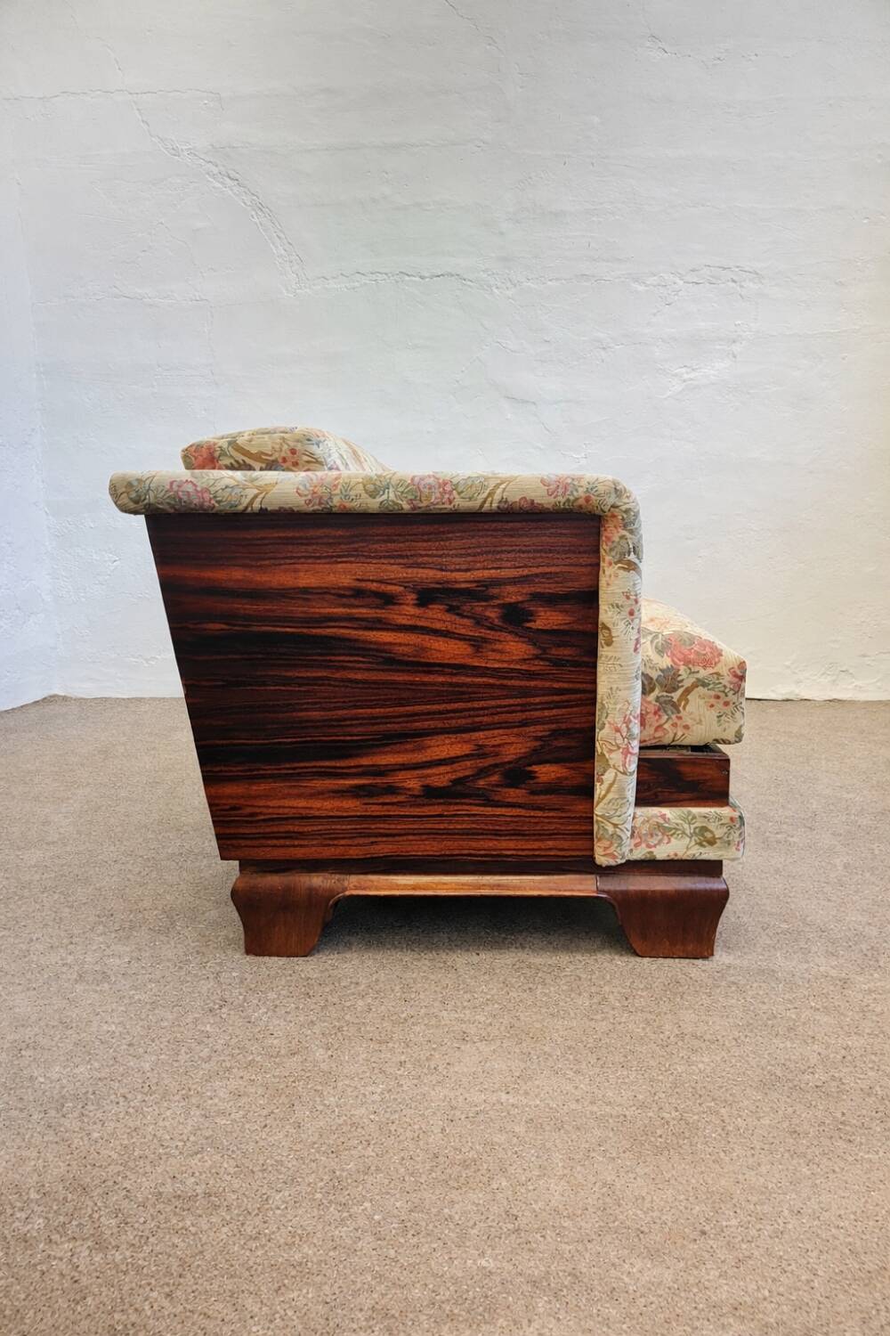Macassar veneer Art Deco sofa with floral fabric, Austria, 1930s.