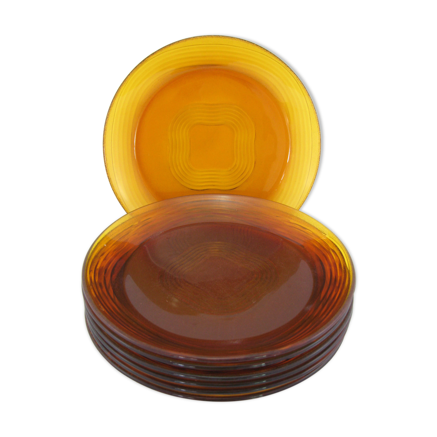 7 flat plates in amber yellow glass - Ondine Duralex France - vintage 70s