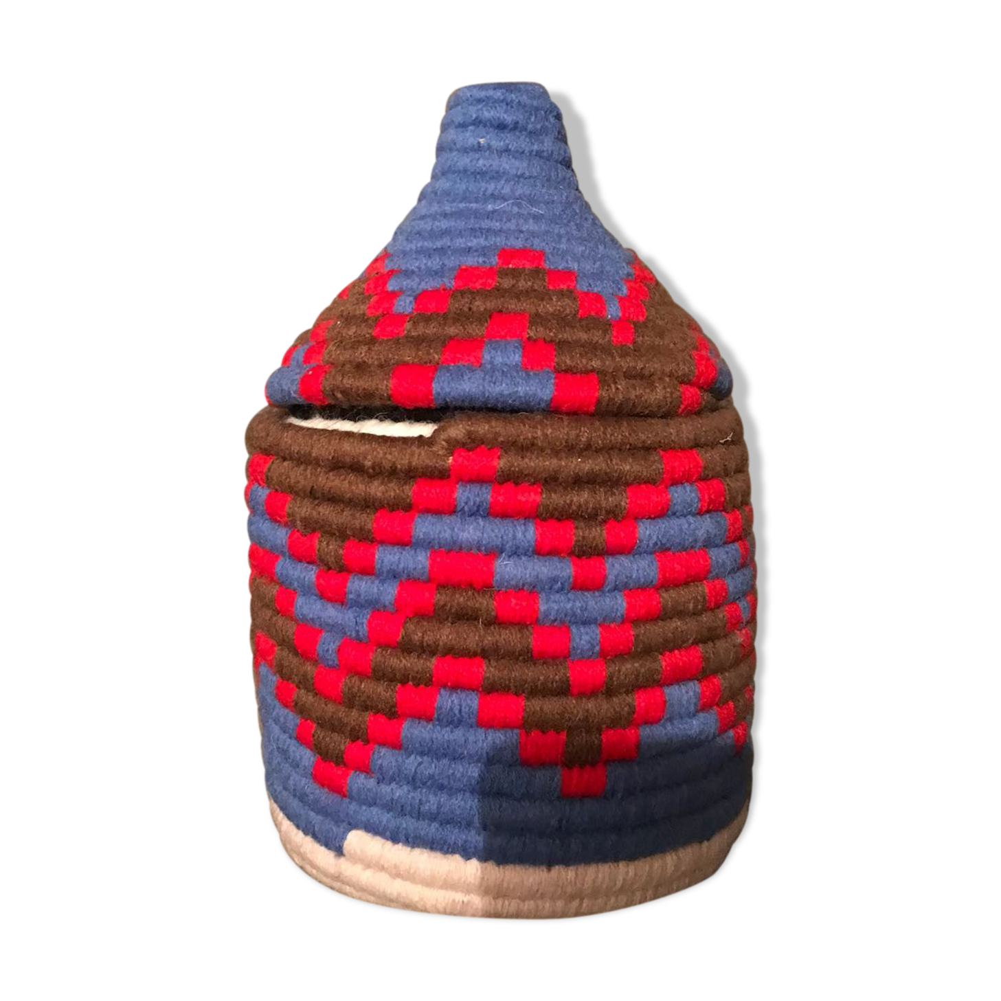 Berber red and gray wool and raffia basket