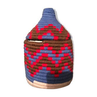 Berber red and gray wool and raffia basket
