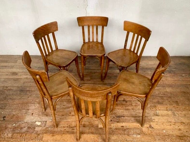 Series of 6 old light wood bistro chairs