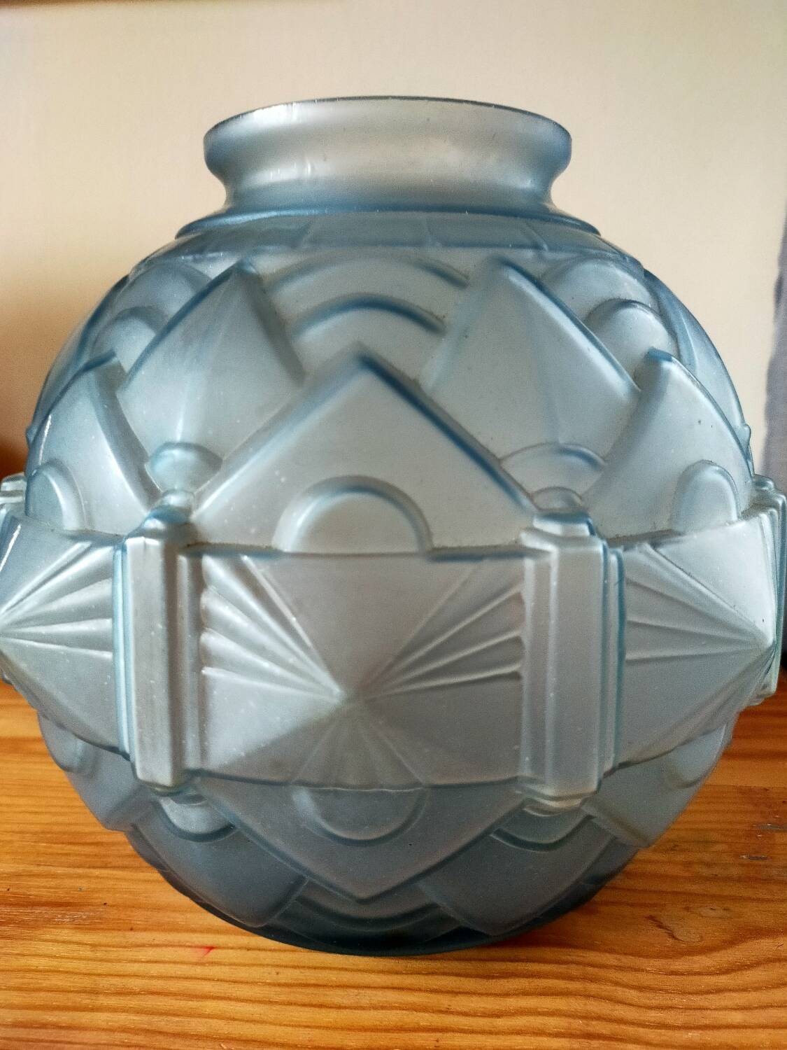 Art Deco ball vase frosted blue glass