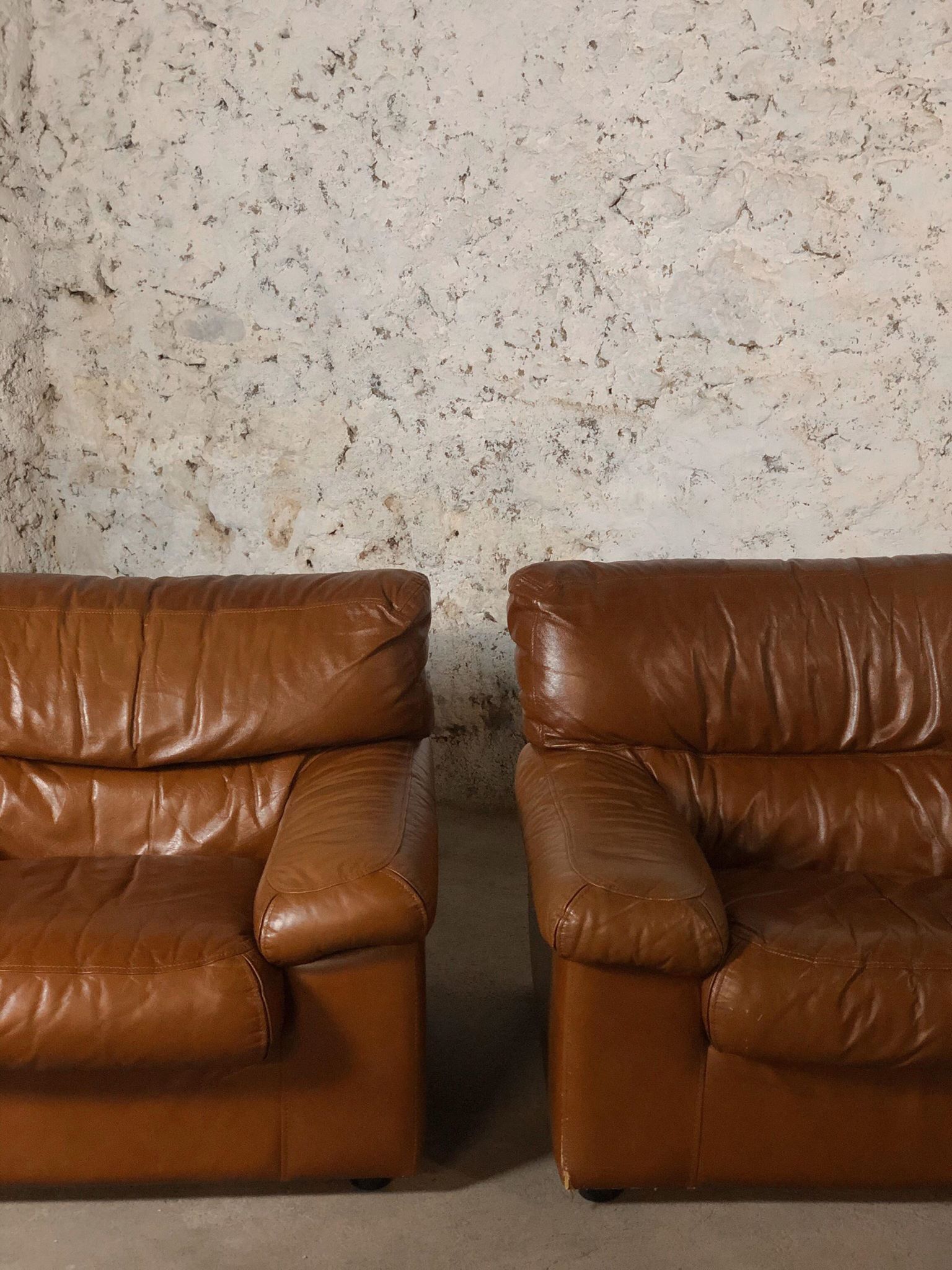 Pair camel leather armchairs