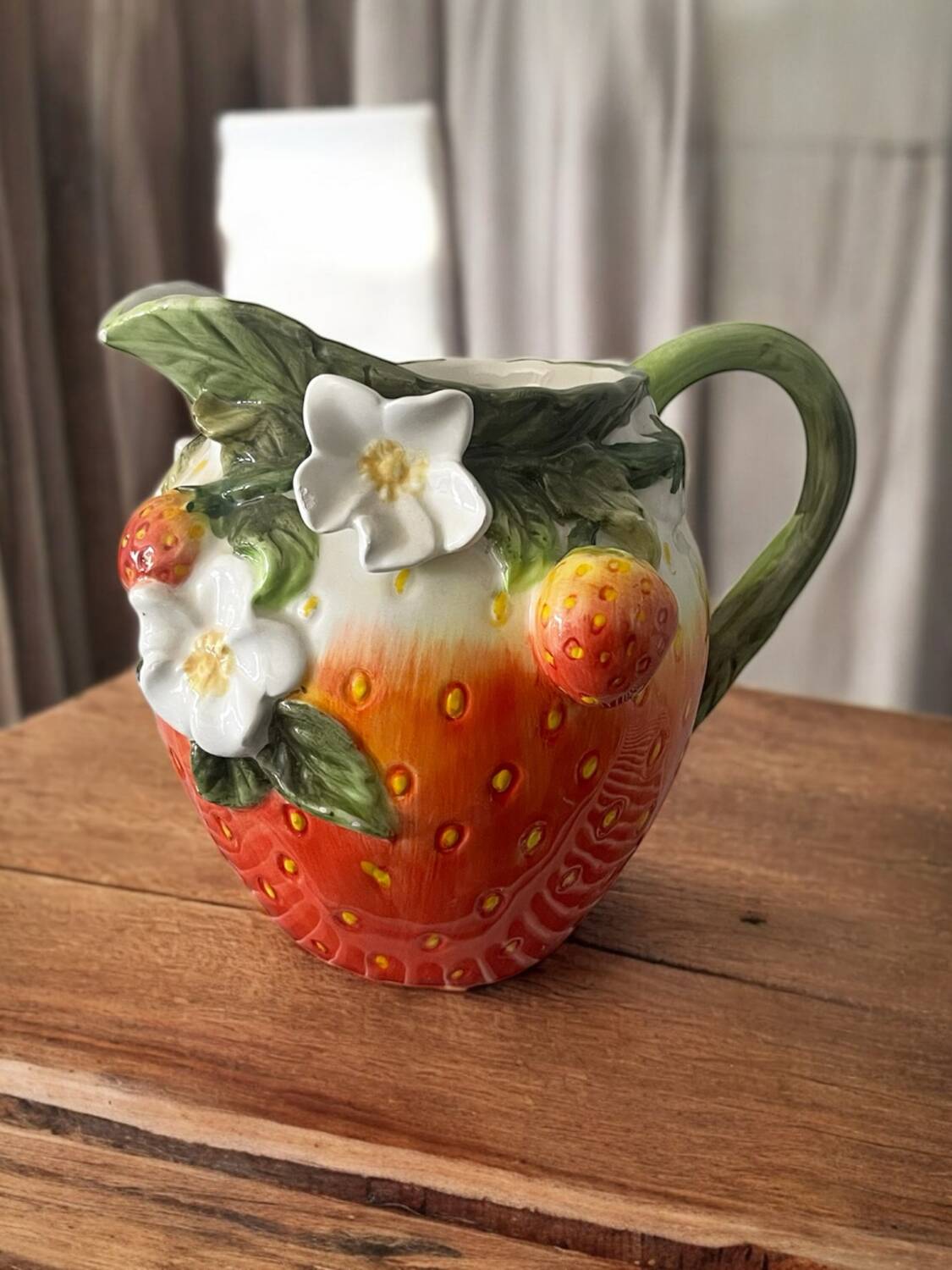 Strawberry shaped pitcher with vintage flowers ceramic pitcher in shape