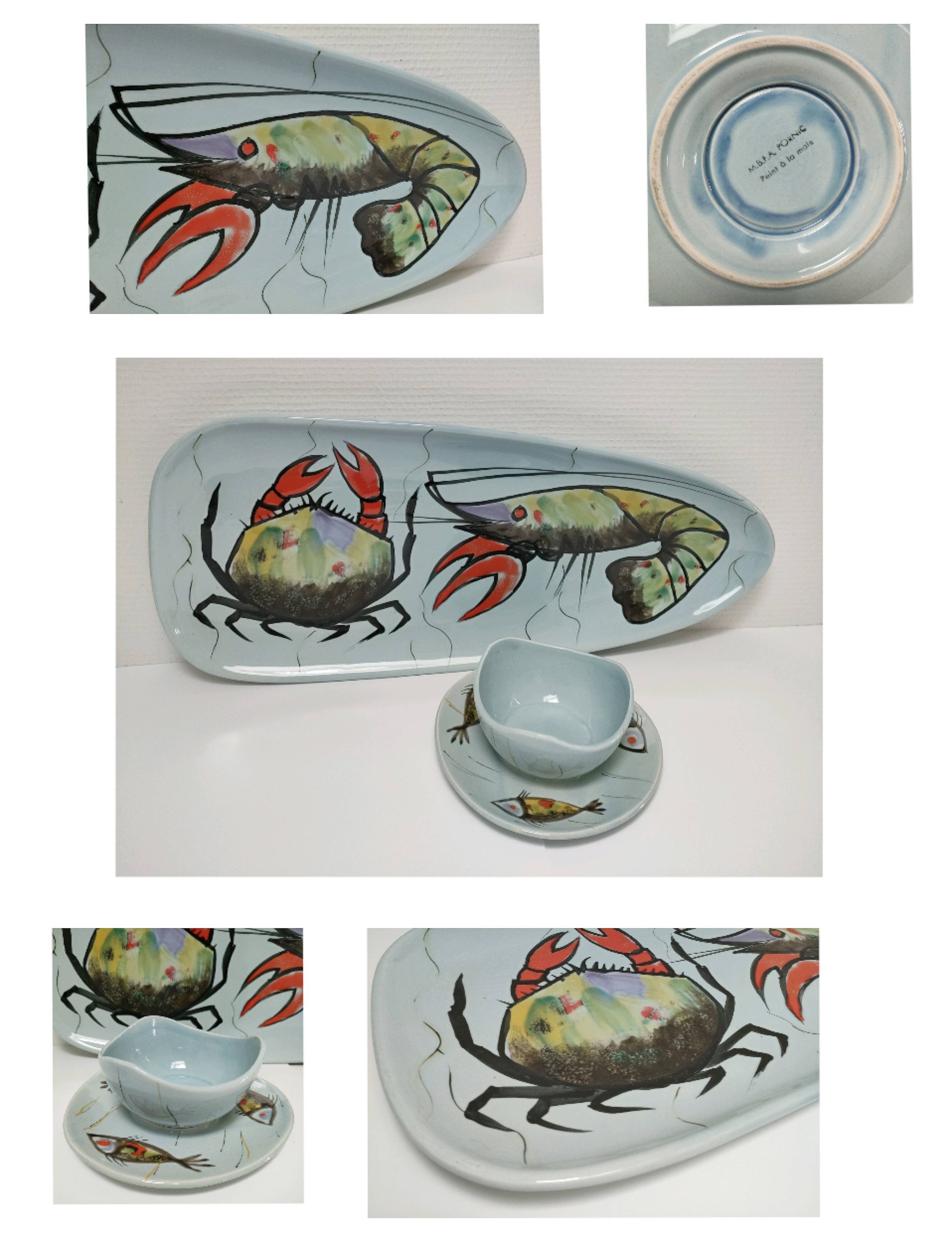 Dish and sausage fish crustaceans earthenware Pornic Bernard Serraz design 60s