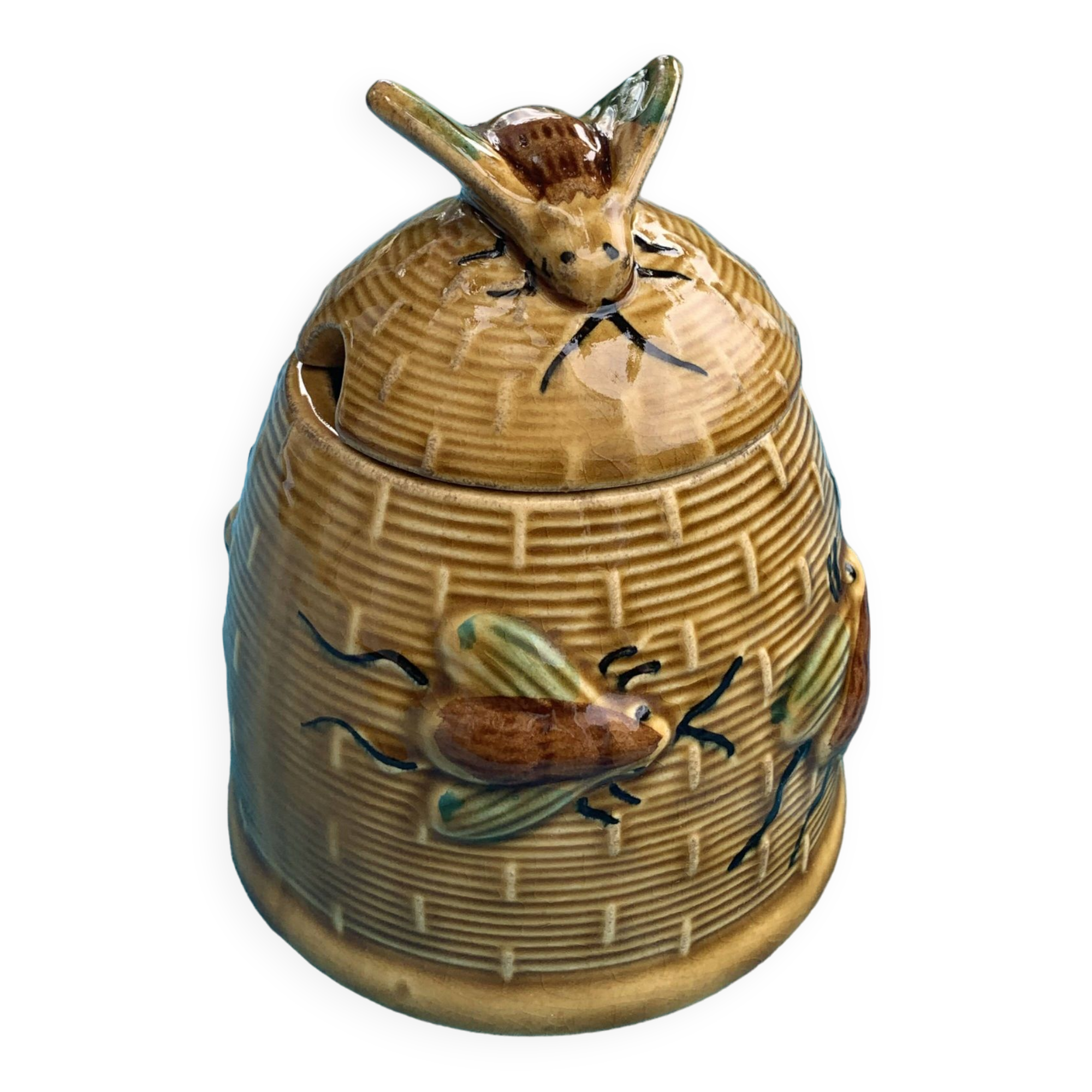 Slush beehive and bee honey pot, enameled ceramic