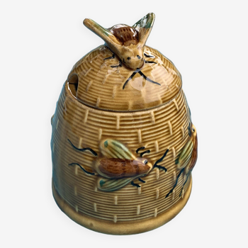 Pot a miel ruche et abeilles en barbotine, ceramique emaillee