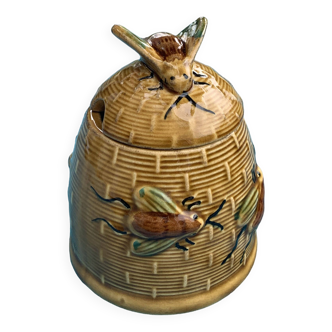 Pot a miel ruche et abeilles en barbotine, ceramique emaillee