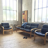 Danish sofa and armchairs curved wood and leather
