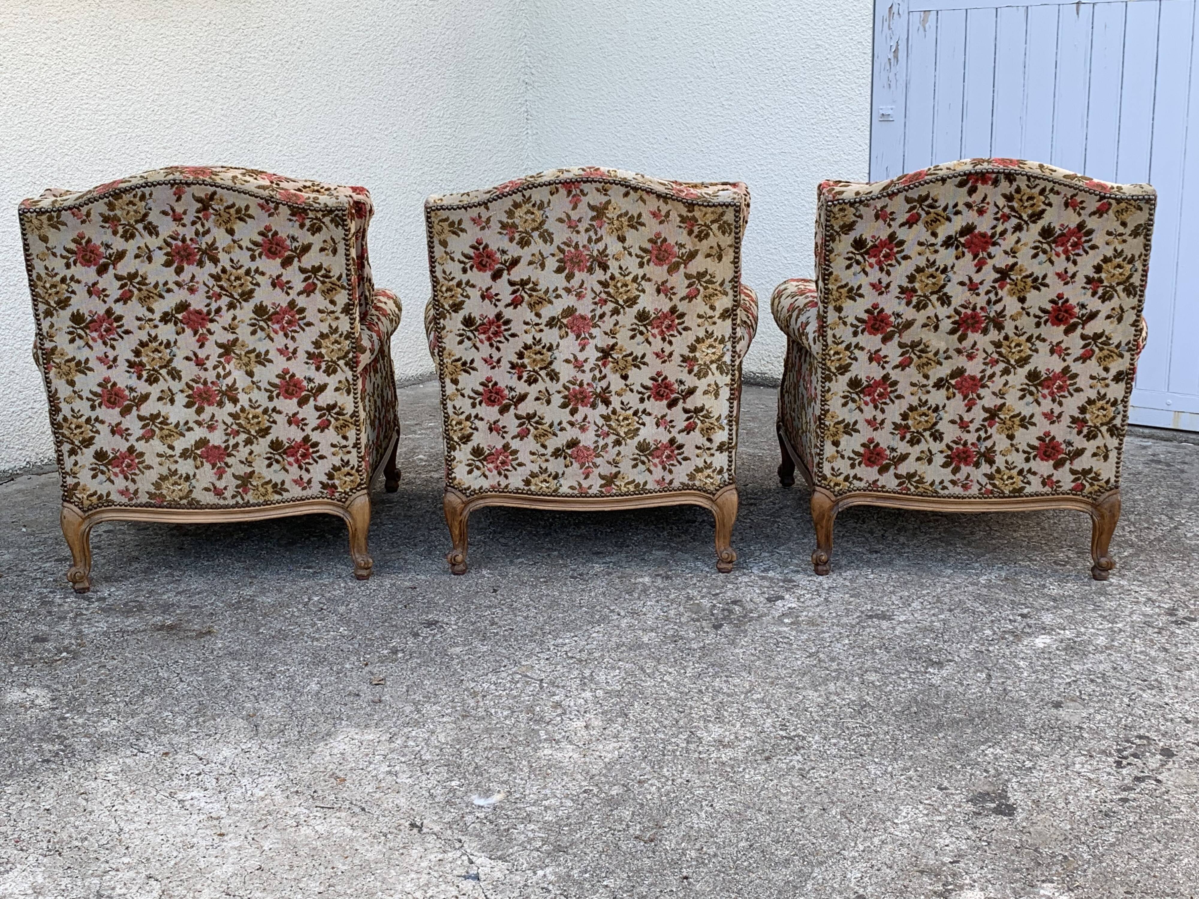 Old shepherdess armchairs louis XV style flocked fabric flower