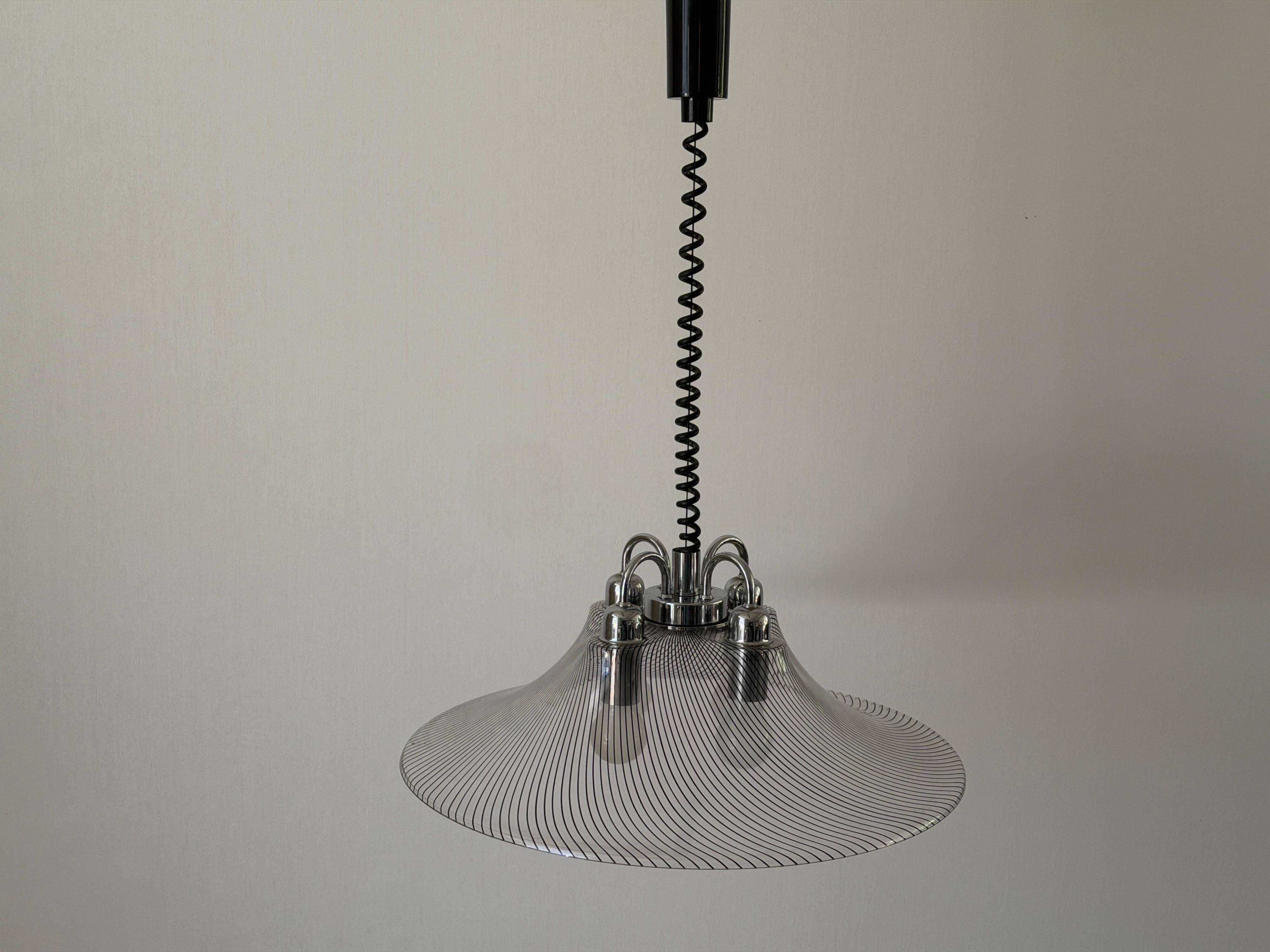 Suspended lamp with 4 sockets, chrome body and plexiglass shade, 1970s, Germany.