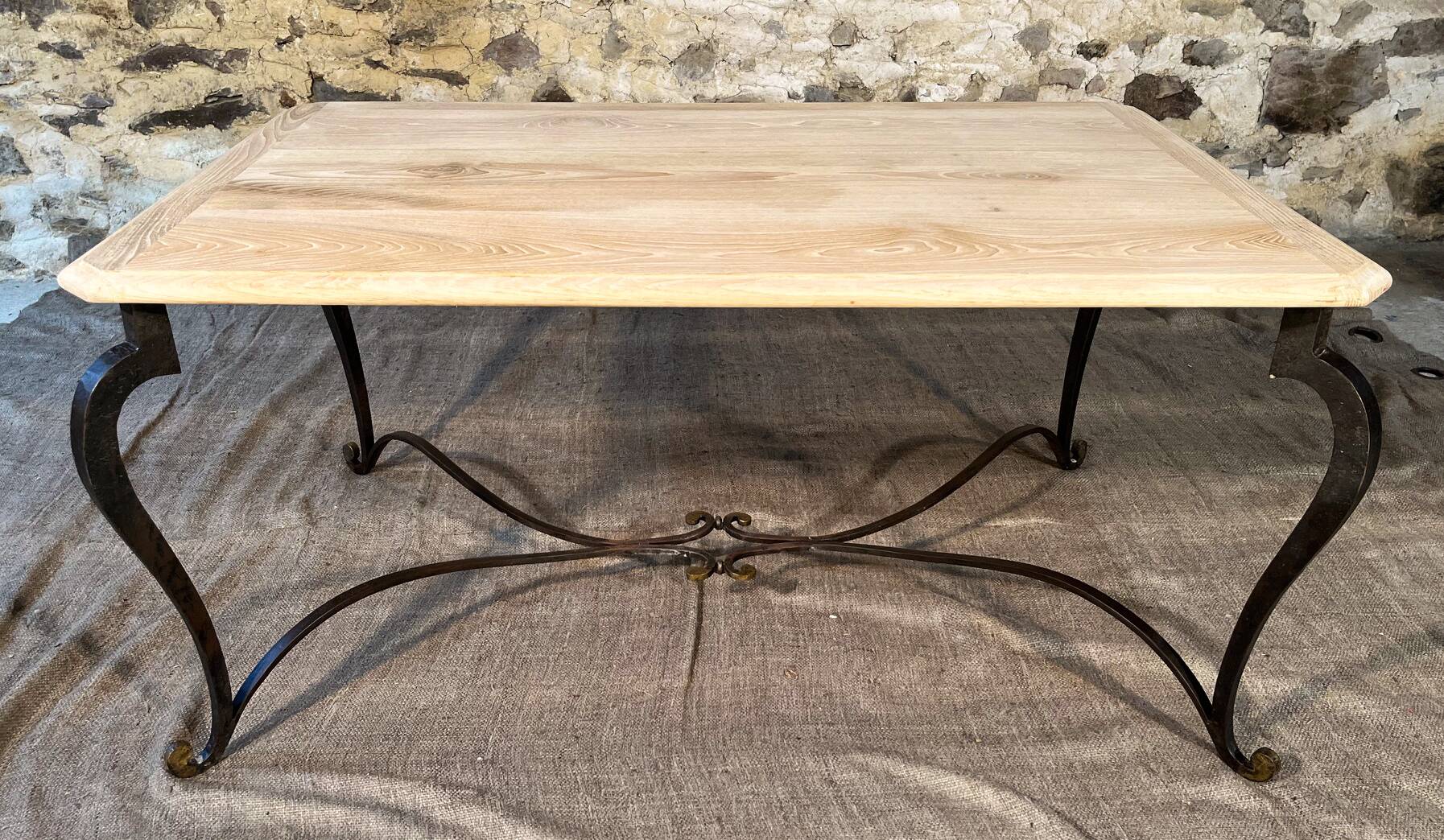 Wrought iron coffee table with raw oak top