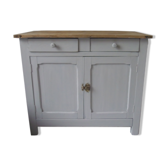 Small vintage Parisian buffet patinated pearl gray, wooden top.