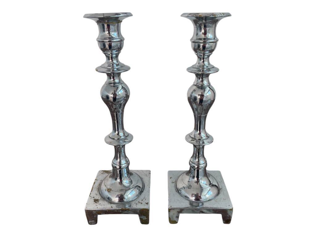 Large antique silver plated candlesticks, square base, pair, classic