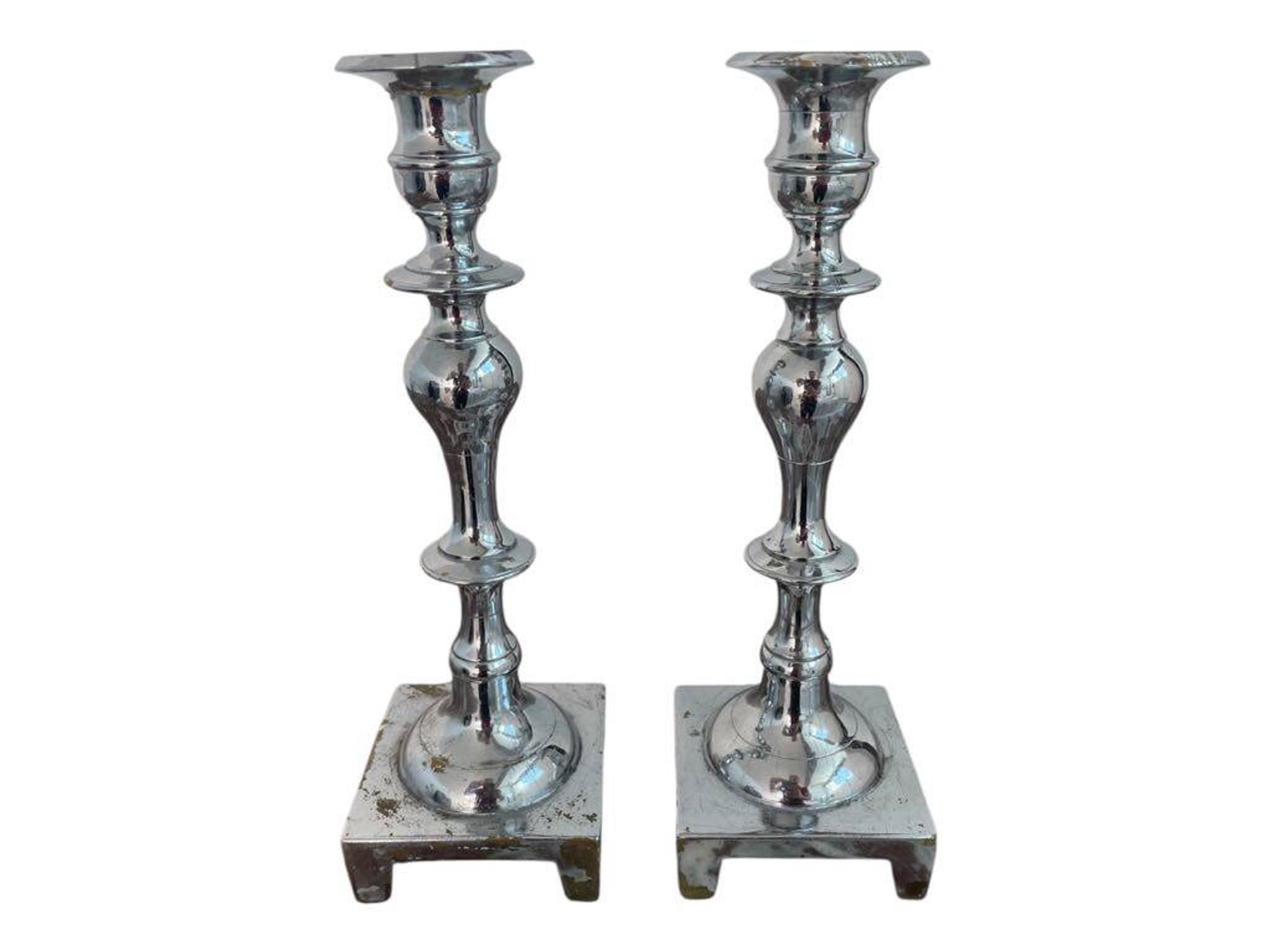 Large antique silver plated candlesticks, square base, pair, classic