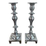 Large antique silver plated candlesticks, square base, pair, classic