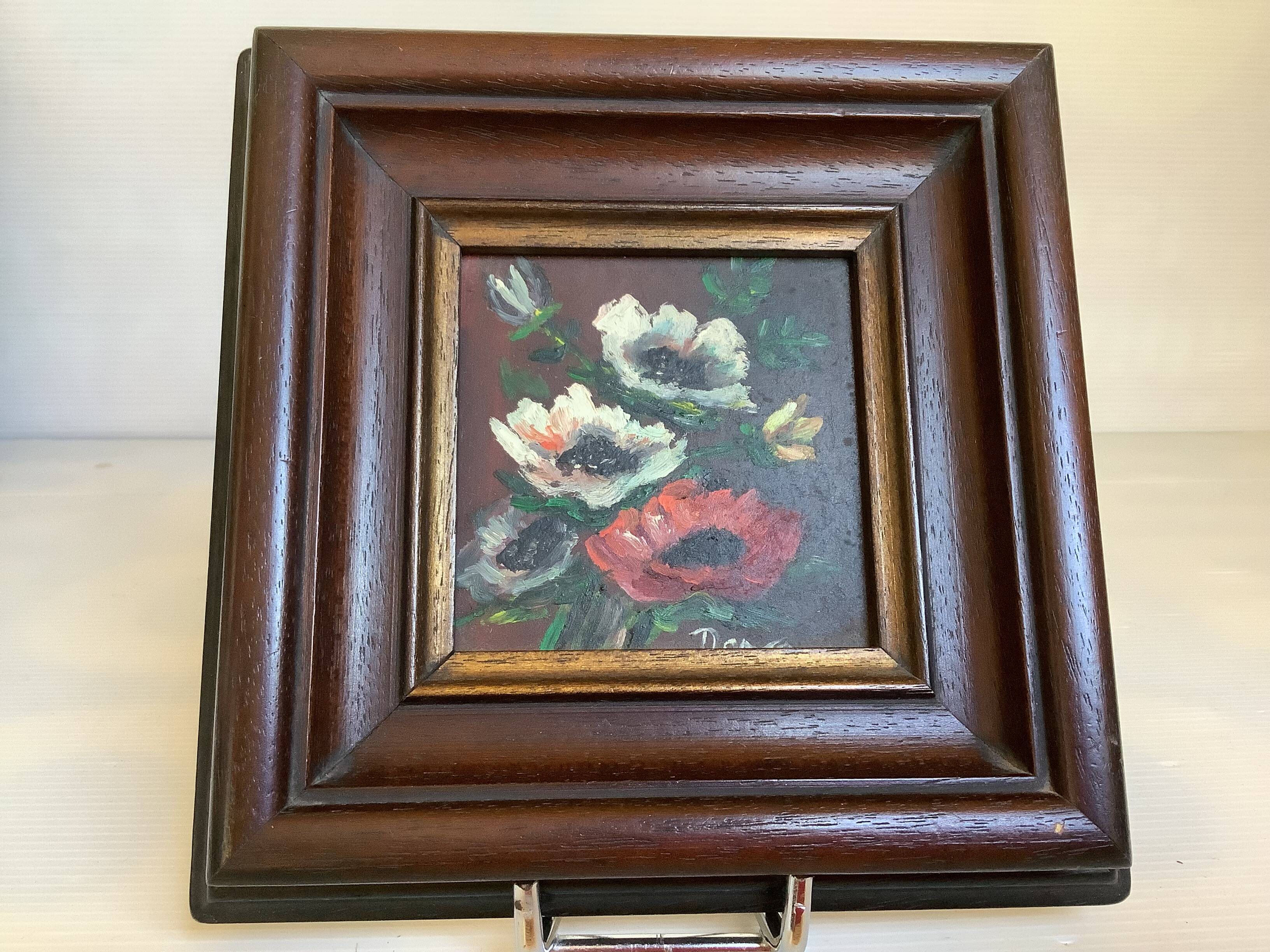 Small painting bouquet of flowers oil on panel signed