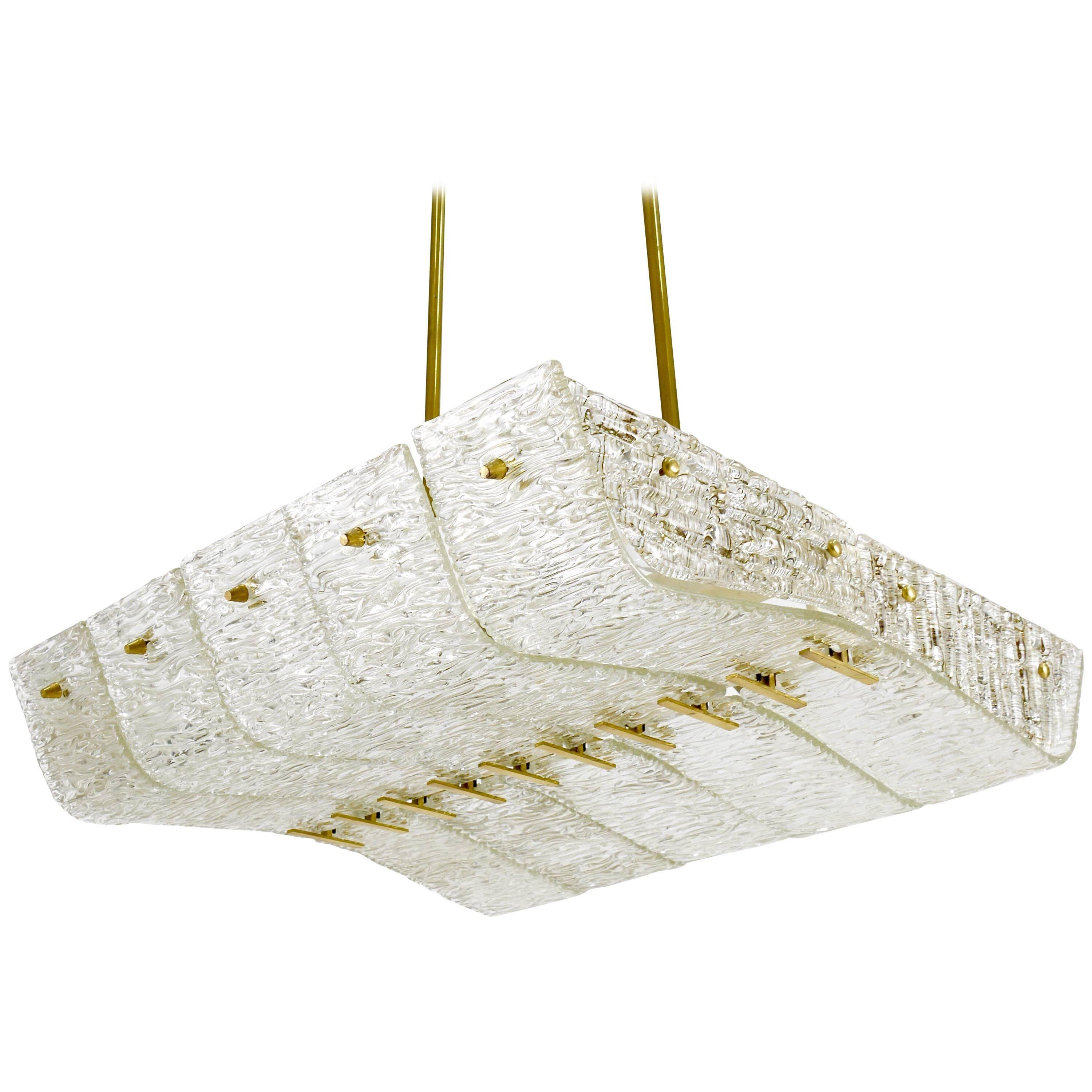 J.T. Kalmar enormous brass and textured glass chandelier, Austria, 1950s