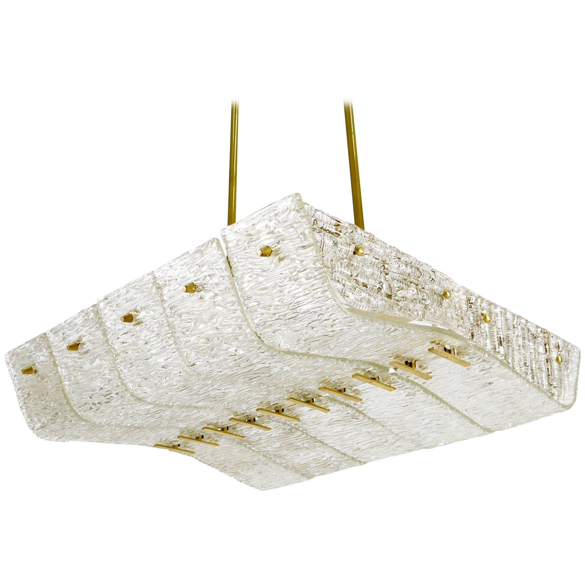 J.T. Kalmar enormous brass and textured glass chandelier, Austria, 1950s
