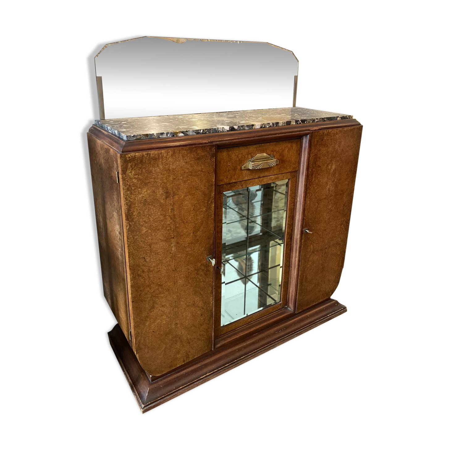 Art Deco wooden sideboard with mirror and marble