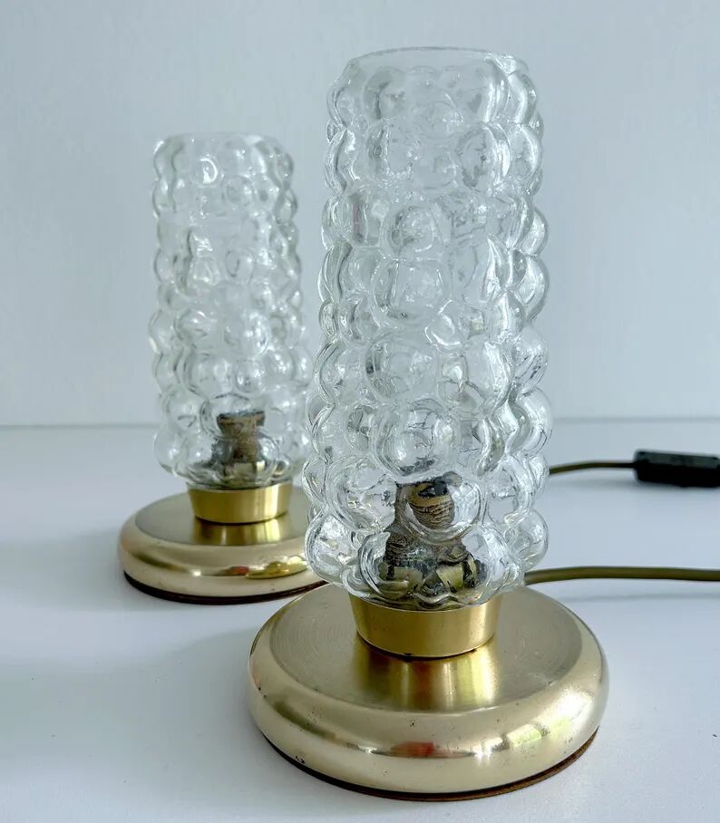 Pair Vintage Bubble Glass Table Lamps, Bedside, Brass