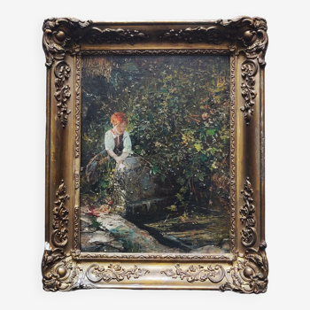 19th century French school - Young girl in the garden oil on panel